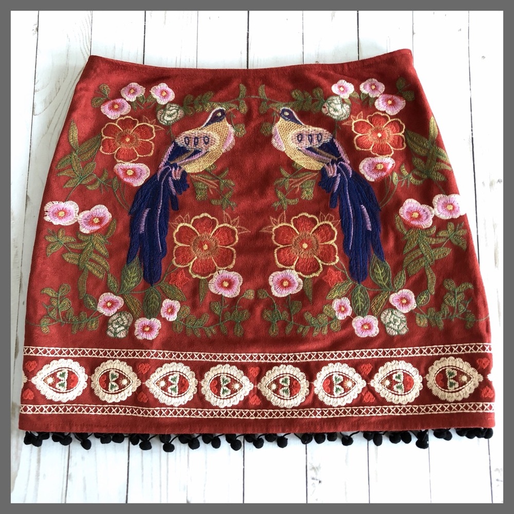 NWOT Altar’d State Embroidery Plush Pom Pom Skirt